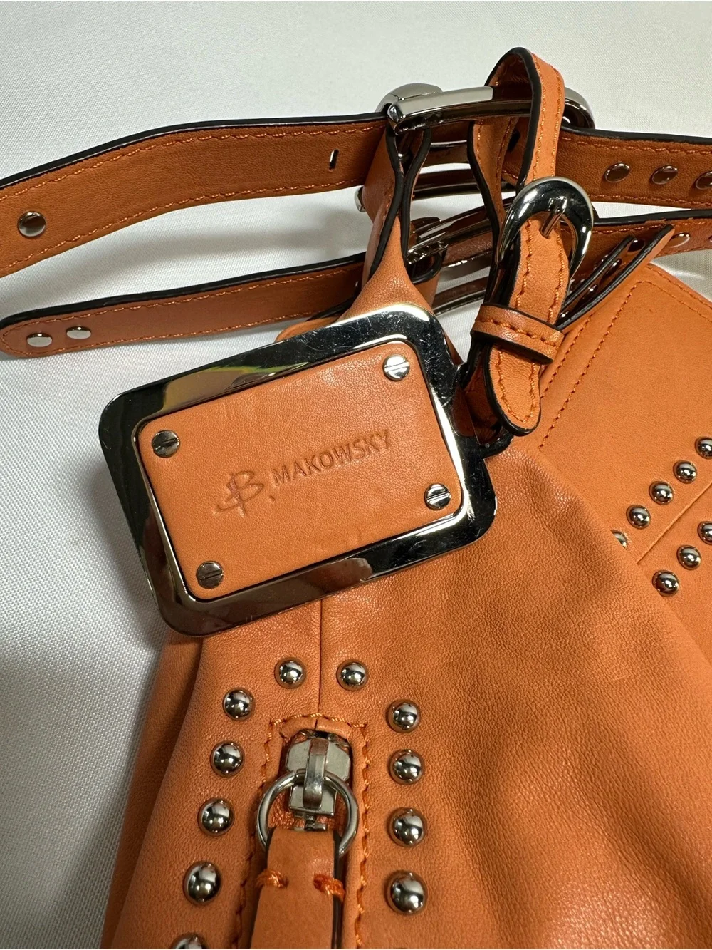 B. Makowsky Peach Leather Studded Hobo Bag Zip Wallet Set Leopard Lining Y2K⁠